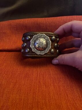 Brown Leather Studded Cuff Bracelet with Floral Concho